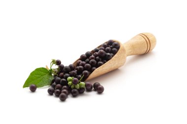 Taze organik siyah itüzümü veya Makoy (Solanum nigrum) meyvesiyle dolu ahşap bir kepçenin önü. Beyaz bir arkaplanda izole edilmiş.