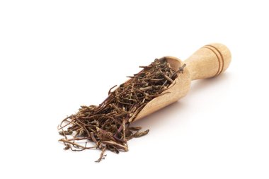 Kuru organik Spearmint veya Pudina (Mentha Spicata) gövdesi ve yapraklarıyla dolu tahta bir kepçenin ön görüntüsü. Beyaz bir arkaplanda izole edilmiş.