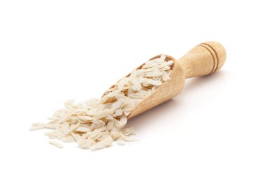 Front view of a wooden scoop filled with Organic Flattened rice (Oryza Sativa) or Poha. Isolated on a white background. clipart