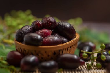 Hint Ayurvedic medikal taze organik meyve jamun (Syzygium Cumini) koleksiyonunun yakın çekimi (jamun tohumları diyabet için Ayurvedic bir bitkidir.