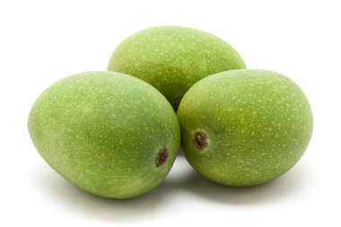 Beyaz arka planda üç organik yeşil Hint mangosu (Mangifera indica) izole edilmiştir. Ön görünüm.