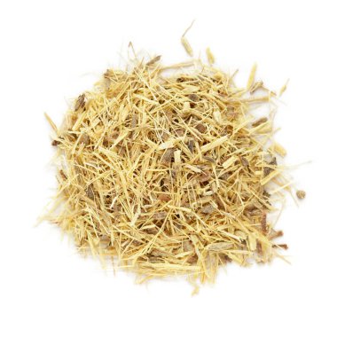 Beyaz arka planda izole edilmiş organik kuru meyan kökü (Glycyrhiza glabra) çayı kökleri. Makro, kapat. Üst görünüm.