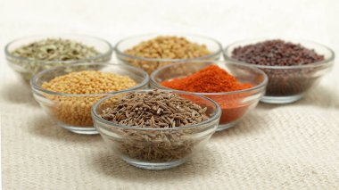 Beyaz arka planda izole edilmiş cam kaselerdeki farklı Hint baharatları. Yüksek görünüm.