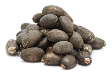 Organik Barbados fındığı (Jatropha curcas) tohumları. Beyaz arka planda izole edilmiş. Ön görünüm.