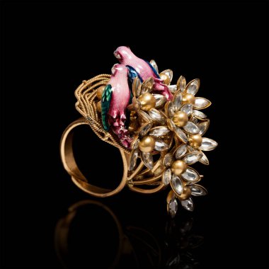 Altın yumurtayla Elmas Yüzüklü Güzel Kuşlar 'a yaklaş. Siyah arka planda çok farklı değerli Gemstone taşları var.