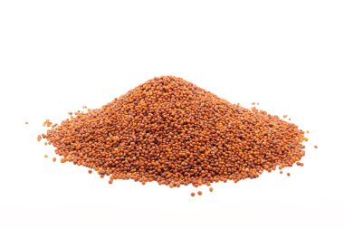 Organik Küçük Kahverengi Hardal Tohumu Yığını (Brassica juncea) beyaz arka plan üzerinde izole.