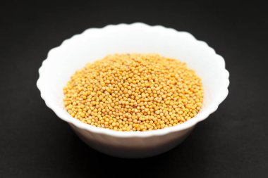 Koyu zemin üzerinde beyaz seramik kase organik sarı hardal (Brassica alba).