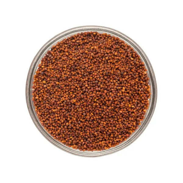 stock image Top view of Organic Small Orange Brown Mustard Seeds (Brassica juncea) in glass bowl isolated on white background.