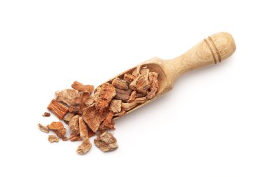 Organik Semal Musli (Bombax Mulabaricum) bitkisiyle dolu ahşap bir kepçenin üst görüntüsü. Beyaz bir arkaplanda izole edilmiş.