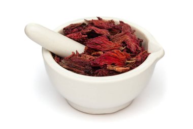 Close-up of Dry Organic Hibiscus (Hibiscus rosa-sinensis) flowers, in white ceramic mortar and pestle, isolated on a white background. clipart