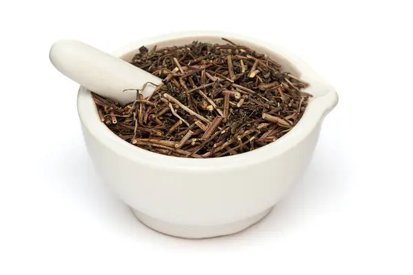 stock image Close-up of Dry Organic Spearmint or Pudina (Mentha Spicata) stem and leaves, in white ceramic mortar and pestle, isolated on a white background.