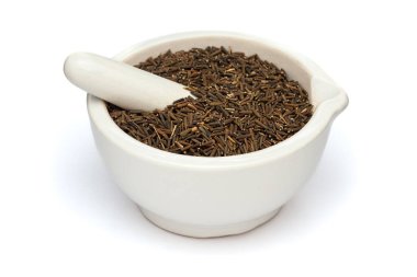 Close-up of Dry Organic Bitter Cumin Seeds (Centratherum anthelminticum) or Kalijiri, in white ceramic mortar and pestle, isolated on a white background. clipart