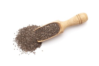 Top view of a wooden scoop filled with Organic Chia Seeds (salvia hispanica). Isolated on a white background. clipart