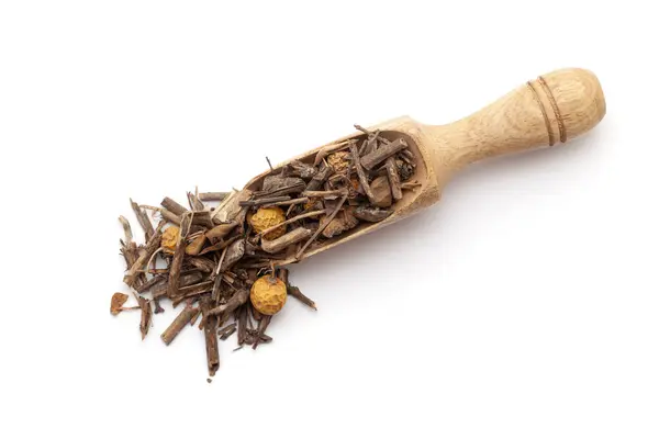 stock image Top view of a wooden scoop filled with dry Organic Yellow - Berried Nightshade or Kantakari (Solanum virginianum) herb. Isolated on a white background.