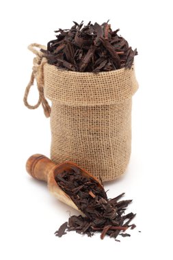 Close-up of Dry Organic Alkanet or Ratan Jot (Alkanna tinctoria) roots, in a jute bag and on a scoop, Isolated on a white background. clipart