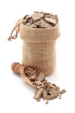 Kuru Organik Kapoor Kachri 'nin (Hedychium spicatum) yakın plan çekimi, bir jüt torba içinde ve bir kepçe üzerinde, beyaz bir arkaplanda izole edilmiştir..