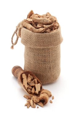 Close-up of Dry Organic Lodhra Barks (Symplocos racemosa), in a jute bag and on a scoop, Isolated on a white background. clipart