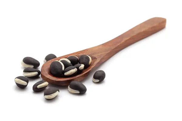 stock image Front view of a wooden spoon filled with dry Organic Semphali or Hyacinth bean (Lablab purpureus) seeds. Isolated on a white background.