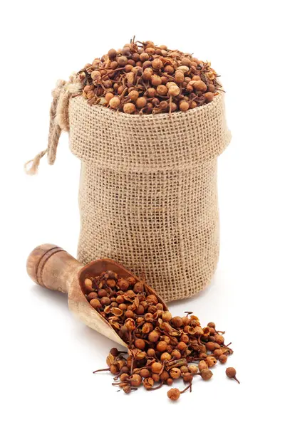 stock image Close-up of Dry Organic Ceylon Ironwood or Nagkesar (Mesua ferrea) seeds, in a jute bag and on a scoop, Isolated on a white background.