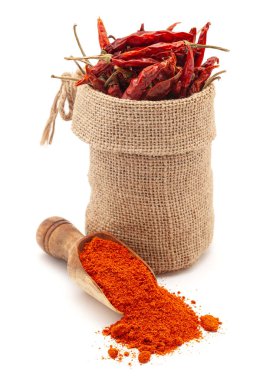 Close-up of Organic whole Red Chili Pepper ( Capsicum annuum) in a jute bag and Red Chili powder on a scoop, Isolated on a white background. clipart