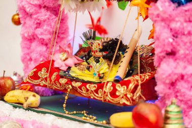 'Laddu Gopal' idolü Krishna Janmashtami festivali kutlamaları sırasında süslenmiş ve salıncağa konmuş, bağlılığı ve şenliği simgeliyor..