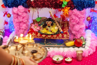 'Laddu Gopal' idolü Krishna Janmashtami festivali kutlamaları sırasında süslenmiş ve salıncağa konmuş, bağlılığı ve şenliği simgeliyor..