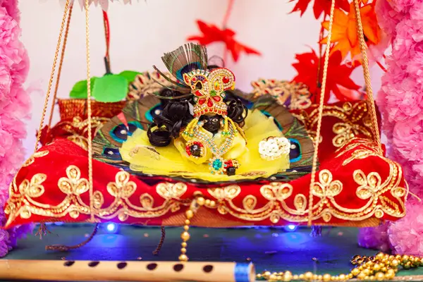 'Laddu Gopal' idolü Krishna Janmashtami festivali kutlamaları sırasında süslenmiş ve salıncağa konmuş, bağlılığı ve şenliği simgeliyor..