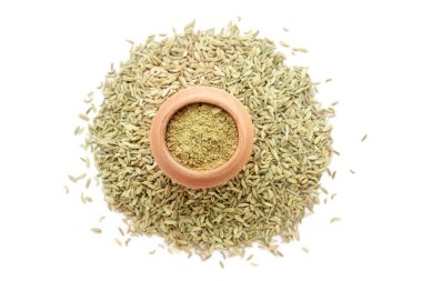 Organik Fennel Tohumları (Foeniculum vulgare) Badi saunf tozu ile dolu bir çamur tenceresi, beyaz bir arka planda izole edilmiş bir yığın Fennel tohumunun üzerine yerleştirilmiştir..