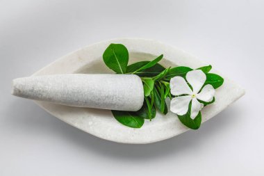 Beyaz bir zemin üzerinde beyaz mermer harç ve tokmak üzerinde taze organik Madagaskar Periwinkle (Catharanthus roseus) yaprakları ve çiçek yakın plan. 
