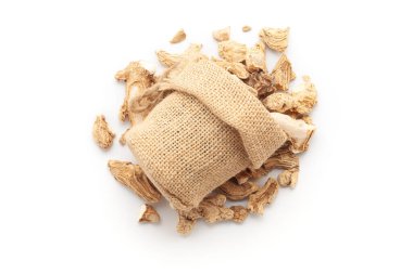 Close-up of organic Ginger Root (Zingiber officinale) or sonth in a jute bag on a heap of sonth, isolated on a white background. clipart