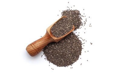 A wooden scoop filled with organic Chia Seeds (salvia hispanica), placed beside a heap of Chia Seeds, isolated on a white background. clipart