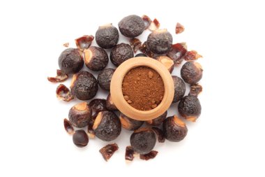 A mud pot filled with organic Soapnuts or Reetha (Sapindus mukorossi) powder, placed on a heap of Soapnuts berries, isolated on a white background. clipart