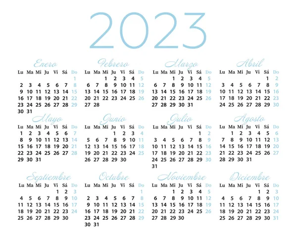 スペイン語で2023年のカレンダー カレンダーグリッドポケットカレンダー ベクトルイラスト 週は月曜日に始まります — ストックベクタ