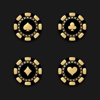  oker and casino chips. Casino chips icon set. Black chips. Vector on isolated black background. Golden premium casino symbol chips