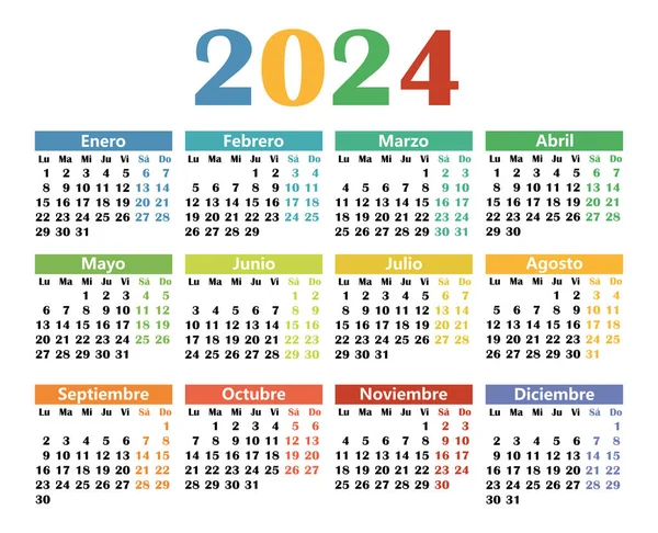 Красочный Календарь Испанском Языке 2024 Год Неделя Начинается Понедельник Стоковая Иллюстрация