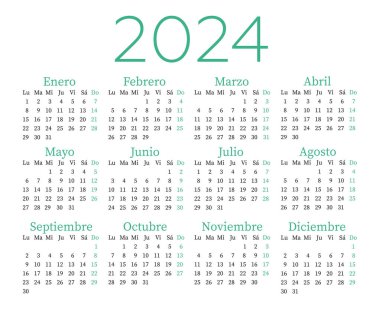 2024 yılı için İspanyolca takvim. Hafta pazartesi başlıyor..