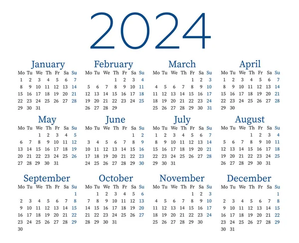 Ημερολόγιο Στα Αγγλικά Για 2024 Εβδομάδα Αρχίζει Δευτέρα — Διανυσματικό Αρχείο