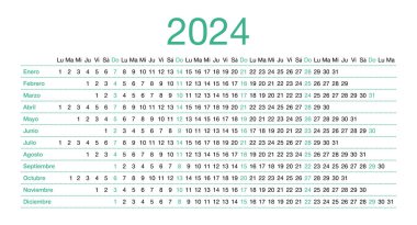 2024 İspanyolca takvimi. Hafta pazartesi başlıyor. 12 aylık masaüstü. Yıl için doğrusal planlayıcı.