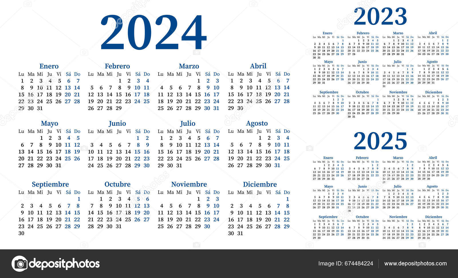 Spanish Calendar 2023 2024 2025 Week Starts Monday Stock Vector by
