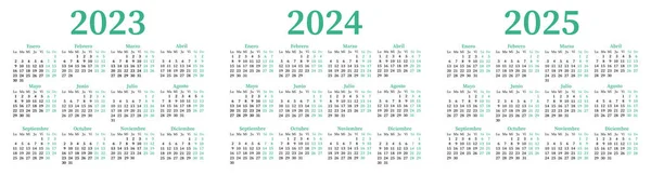 Hiszpański Kalendarz 2023 2024 2025 Tydzień Zaczyna Się Poniedziałek — Wektor stockowy