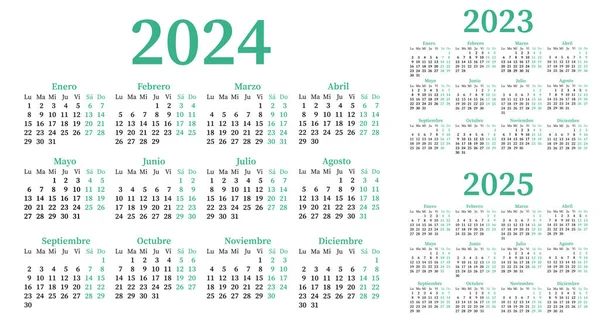 Испанский Календарь 2023 2024 2025 Понедельник Начинается Неделя Лицензионные Стоковые Векторы