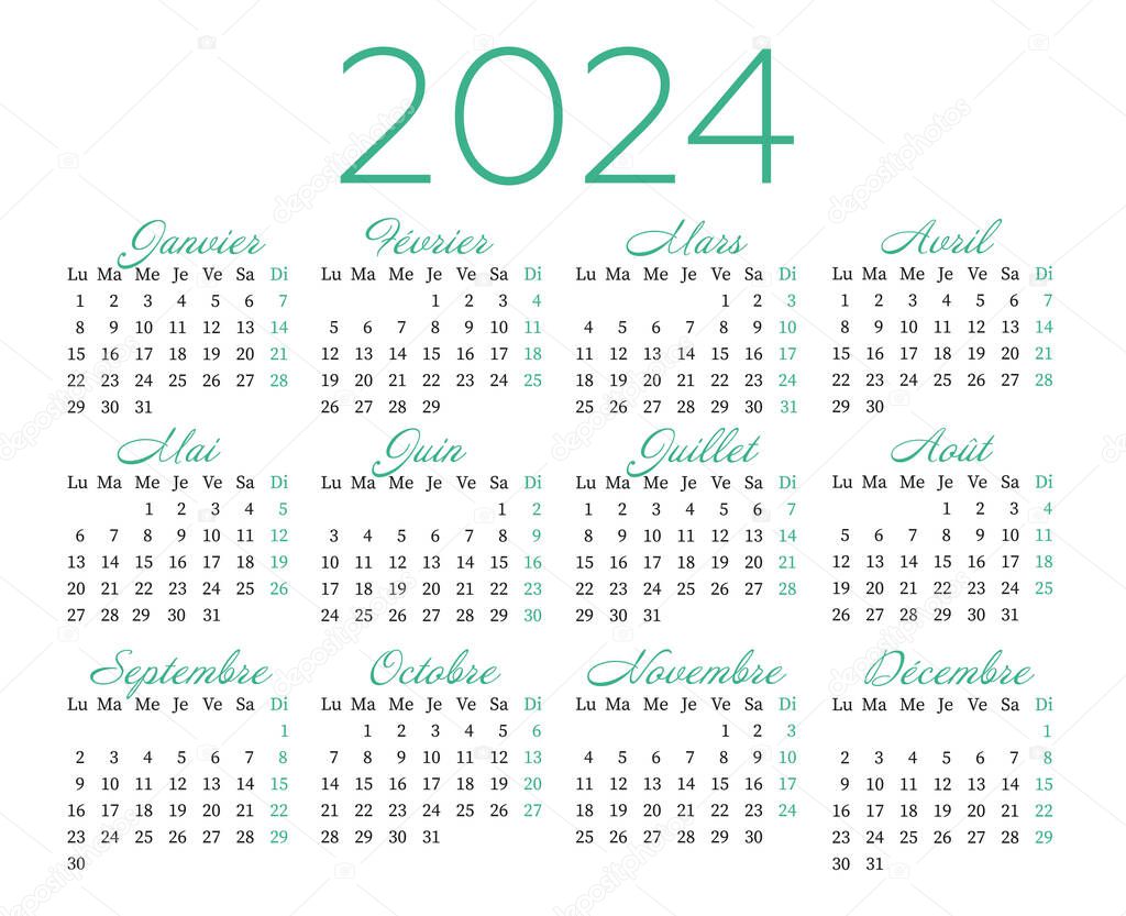 Modello Calendario Annuale 2024 Francese Settimana Inizia Lunedì