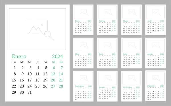 2024 yılı için İspanyolca 12 aylık takvim. 12 aylık bir set. Duvar takvimi.