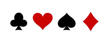 Kart giysisi ikon vektörü. Maça ikonu, sinek, elmas, kupa. Kart giysisi ikon vektörü. Kumarhane simgeleri