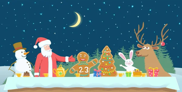 Personagens Natal Mesa Festiva Papai Noel Gingerbread Homem 2023 Rena —  Vetores de Stock