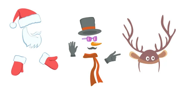 クリスマスの帽子と仮面舞踏会のためのさまざまな持ち物 サンタクロース 鹿の角と雪だるまのためのマスク ベクターイラスト — ストックベクタ