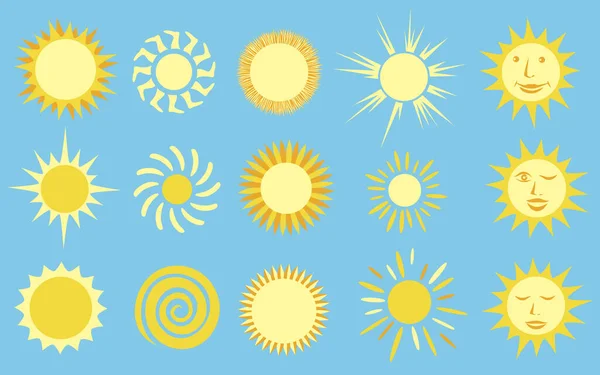 太陽の画像のセット サンシャインイエローの太陽のアイコンやシンボルコレクション 青の背景 ベクターイラスト — ストックベクタ
