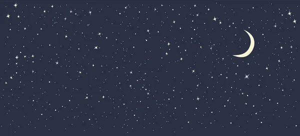 Stark Natthimmel Med Måne Mörk Monokromatisk Bakgrund Med Små Stjärnor — Stock vektor