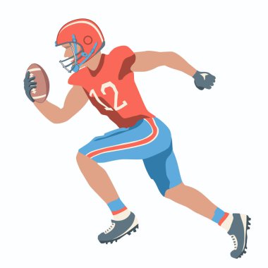 Amerikalı futbolcu elinde topla koşuyor. Oyun kurucu koşuyor ve top ile atılımda bulunuyor. Vektör illüstrasyonu.