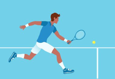 Tenisçi topa vuruyor. Elinde raketle tenis kortuna atlayan bir adam. Vektör illüstrasyonu.